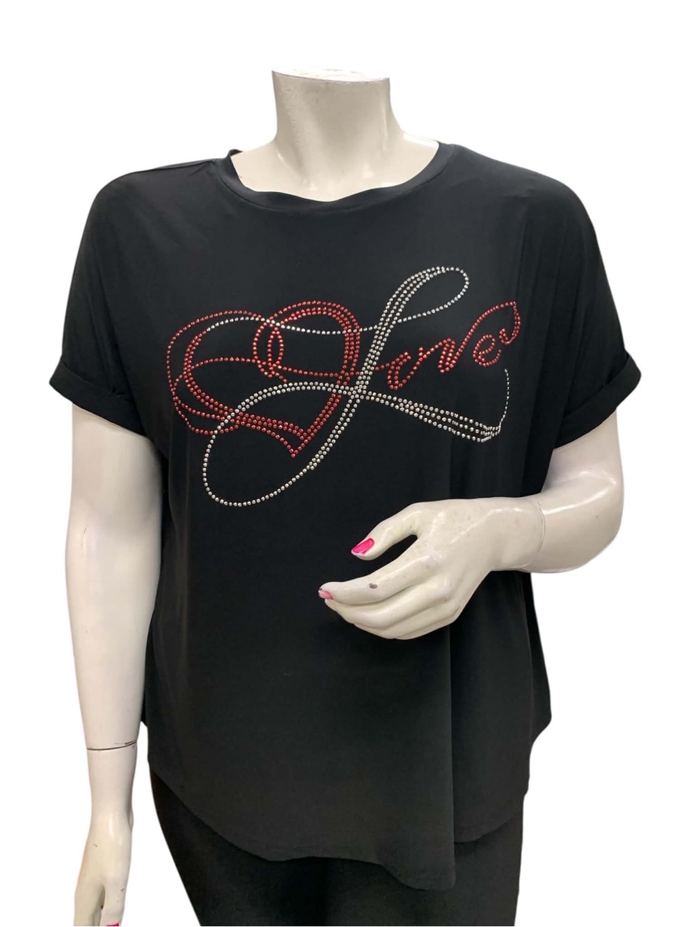 Ava & Grace Black Short Sleeve Top with Red and Silver Studded 'Love' Motif S16